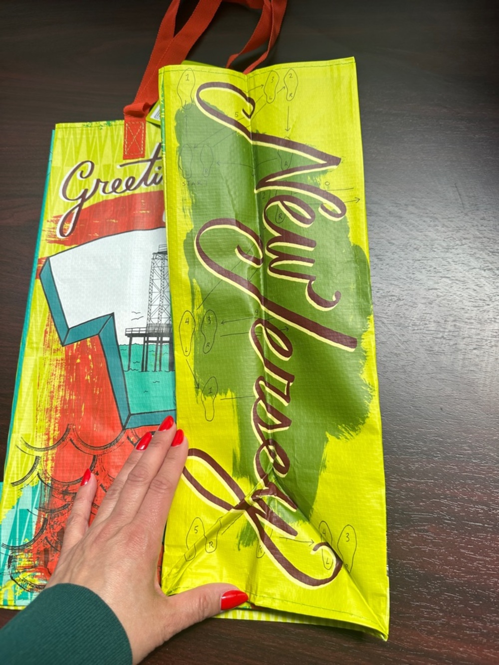 Trader Joe’s Greetings From New Jersey Colorful Tote Bag with Red Handles - Picture 4 of 4